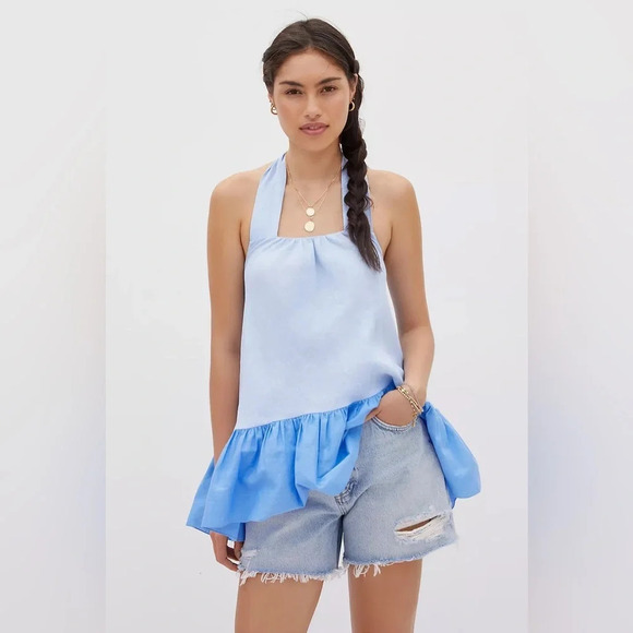 SACHIN + BABI x ANTHROPOLOGIE Linen Halter Blouse in Blue - Picture 1 of 10